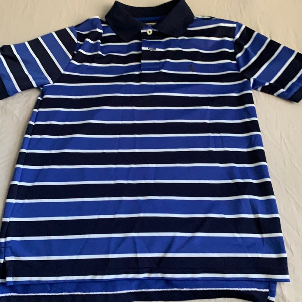 Black, blue, and white striped polo